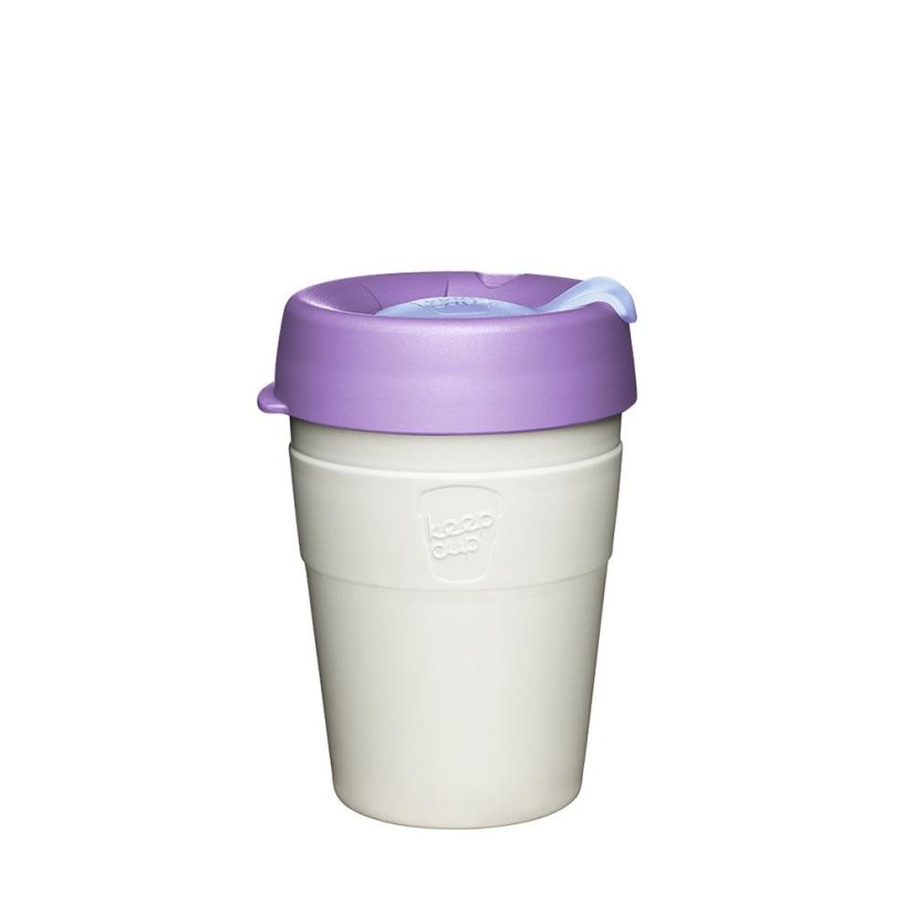 KeepCup Thermal Moonshine M 340 ml - bílý nerezový termohrnek s fialovým víčkem a plastovým uzávěrem pro horké nápoje na cesty