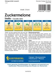 Rückseite der Melonensamen-Packung Stellio F1 mit detaillierten Anbauinstruktionen, 5 Samen und bunten Anbau-Symbolen
