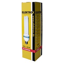 Petite boîte jaune de lampe CFL ELEKTROX 85W pour floraison avec image d'ampoule blanche à tubes spiralés et inscription rouge FLOWER Petite boîte jaune de lampe CFL ELEKTROX 85W pour floraison avec image d'ampoule blanche à tubes spiralés et inscription rouge FLOWER