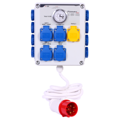 Bílý třífázový rozvaděč GSE Timer Box II s modrými a žlutou zásuvkou, analogovým časovačem a červenou vidlicí na bílém kabelu pro 12x600W Bílý třífázový rozvaděč GSE Timer Box II s modrými a žlutou zásuvkou, analogovým časovačem a červenou vidlicí na bílém kabelu pro 12x600W