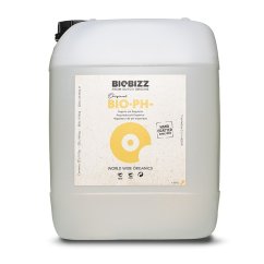 BioBizz Bio pH- 10l bílý plastový kanystr s žlutým kruhovým logem a béžovým štítkem, přírodní regulátor pH pro pěstování rostlin