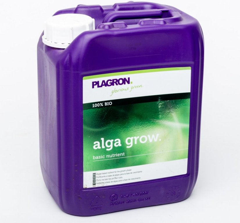 Fialový plastový kanystr Plagron Alga Grow 20L s bílým uzávěrem a zeleným designem etikety, základní bio výživa pro růstovou fázi rostlin