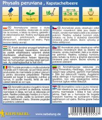 Back of physalis seed packaging with cultivation pictograms and multilingual description of properties and uses of this edible plant