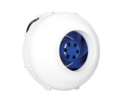 Bílý kulatý ventilátor Prima Klima EC PK125 s modrým plastovým rotorem, výkon 680m3/h, určený pro větrání skleníků a pěstíren