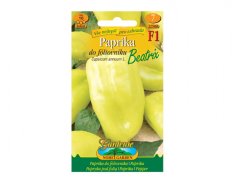 Pachet de semințe de ardei BEATRIX F1 pentru solar - ambalaj verde-galben cu fotografie de ardei galben deschis, marca Noble Garden