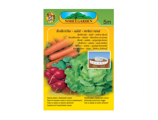 Barevné balení pásku výsevného Mrkev raná + Ředkvička + Salát 5m od Nohel Garden s obrázkem oranžové mrkve, červené ředkvičky a zeleného salátu