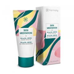 Harmony Skin Meditation chladivý gel s CBD 300 mg v bílé tubě se zeleným víčkem a barevným designem vedle krabičky na bílém pozadí Harmony Skin Meditation chladivý gel s CBD 300 mg v bílé tubě se zeleným víčkem a barevným designem vedle krabičky na bílém pozadí
