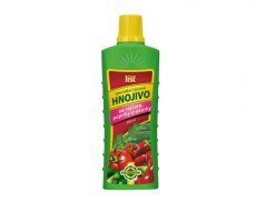 Zelená plastová lahev s žlutým uzávěrem obsahující listové hnojivo na rajčata, papriky a okurky 500ml s barevným etiketem zobrazujícím zeleninu