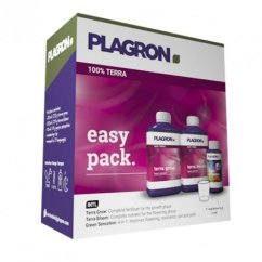 Plagron easy pack 100% Terra - barevná krabička s organickým hnojivem obsahující tři lahvičky s růžovo-fialovými etiketami na bílém pozadí