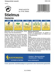 Spatele ambalajului de semințe de salată NAMENIA cu instrucțiuni detaliate de cultivare, tabel de semănat și logo negru-alb Kiepenkerl