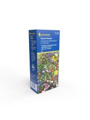 Kiepenkerl Flower Dreams kék doboza, fehér, rózsaszín, lila és kék virágokkal tarkított csomagoláson méhecske logóval