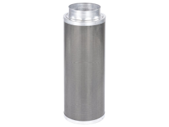 Šedý cylindrický Rhino Filter HOBBY 900m3/h s průměrem 150mm, kovový rám a perforovaný povrch z australského uhlíku pro hobby pěstování Šedý cylindrický Rhino Filter HOBBY 900m3/h s průměrem 150mm, kovový rám a perforovaný povrch z australského uhlíku pro hobby pěstování