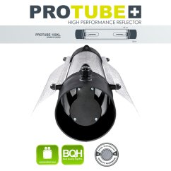 Skärm med utsug PROTUBE 150XL med svart metallkropp, silvrig reflektor och genomskinlig glasrör för två 600W armaturer