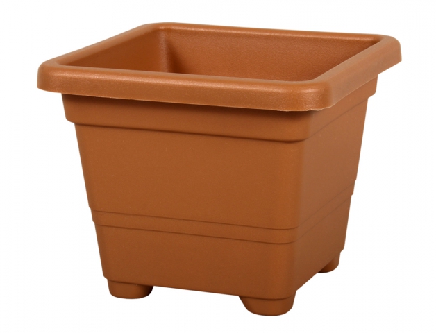 Květník QUADRATO plastový terakota 14x14x11cm - hranatý plastový květník v terakotové barvě s ozdobnými žebry a nožičkami na spodní straně