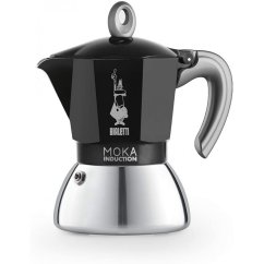 Musta BIALETTI NEW MOKA INDUCTION -kahvinkeitin kahdelle kupille kiiltävällä alumiinipohjalla ja harmaa muovinen kahva valkoisella taustalla