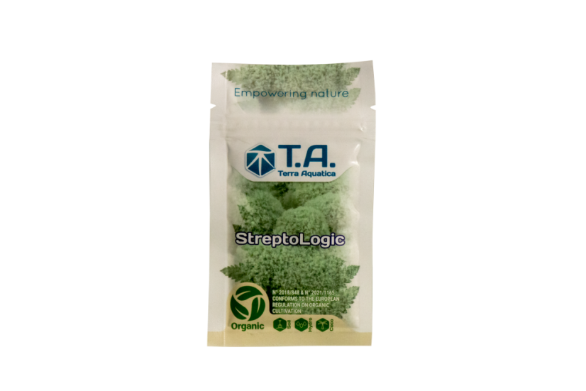 Bílý sáček Terra Aquatica Streptologic 10g se zeleným práškovaným obsahem viditelným v průhledných oknech, organic certifikace