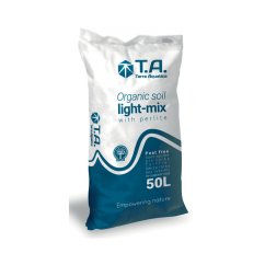 Bílý plastový pytel s modro-bílým designem obsahující T.A. Organic Soil Light-Mix 50L bez rašeliny, certifikovaný substrát pro bio pěstování