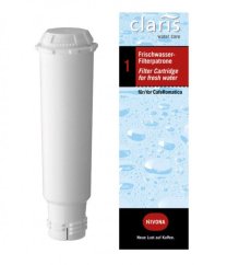 Bílý plastový vodní filtr NIVONA Claris NIRF 701 s válcovým tvarem a modro-černým obalem s nápisem claris water care pro kávovar