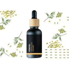 Sticlă neagră cu pipetă și dop din lemn înconjurată de crenguțe verzi de fenicul și semințe pe fundal alb