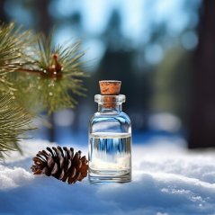 Prozirna staklena bočica s čepom koja sadrži zlatno eterično ulje sibirske bora na snijegu pored smeđe borovice šišarke