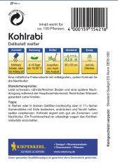 Rückseite der Kohlrabisamenpackung Delikateß weiß mit Anbauanleitung, Symbolen für Aussaat, Keimung und Ernte auf weißem Hintergrund mit Barcode