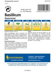 Back of broad-leaved basil seed package with cultivation data table, sowing and harvesting instructions from April to June