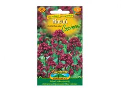 Упаковка насіння Mavuň Coccineus з зображенням карміново-червоних квітів на зелених стеблах, жовто-зелений дизайн упаковки