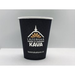 Vaso de papel blanco de 150ml con borde blanco y logo Lázenská Káva, mostrando vasos desechables de alta calidad para bebidas calientes
