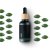 Botella de vidrio negro con tapa de madera que contiene aceite esencial de alcanfor BIO, rodeada de hojas verdes de alcanfor sobre fondo blanco