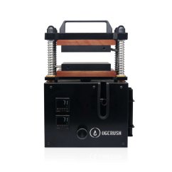 Černý manuální hydraulický lis OG Crush s dřevěnými lisovacími deskami, dvěma digitálními teploměry a pružinovým mechanismem pro půjčení