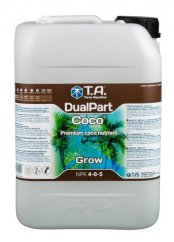 Bílý plastový kanystr T.A. DualPart Coco Grow 10l s hnědým popiskem, zeleno-modrým designem s palmami a černou rukojetí pro hnojivo na kokos