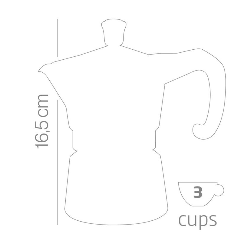 Technický nákres moka konvičky s rozměrem 16,5 cm na výšku, schematické zobrazení pro kapacitu 3 šálků kávy, minimalistický design
