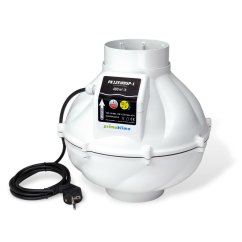 Bílý kulatý ventilátor Prima Klima Whisperblower PK125 MES s výkonem 460 m3/h, plastové tělo s černým štítkem a elektrickým kabelem