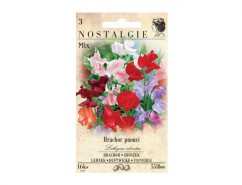 Paquete de semillas de guisante de olor Mix con flores de colores en un envase de papel crema de la marca Nostalgie, contiene 16 semillas para cultivo