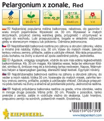 Paquete de semillas de geranio zonale rojo de Kiepenkerl con iconos de cultivo y descripción multilingüe en empaque blanco