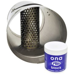 ONA Control Duct 250mm potrubní osvěžovač vzduchu s kovovou perforovanou vložkou uvnitř šedého plastového pouzdra a modrý gel ONA PRO block