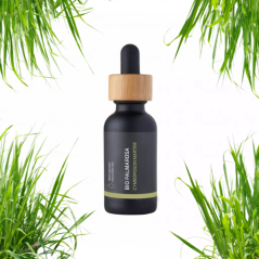 Olio essenziale di Palmarosa biologico in bottiglia di vetro scuro con tappo in legno e contagocce, circondato da foglie verdi di palmarosa Olio essenziale di Palmarosa biologico in bottiglia di vetro scuro con tappo in legno e contagocce, circondato da foglie verdi di palmarosa