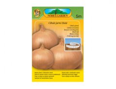 Balení semen cibule jarní žluté VŠETANA od značky NOHEL GARDEN s obrázkem velkých zlatavě hnědých cibulí na oranžovém pozadí, 5 metrů