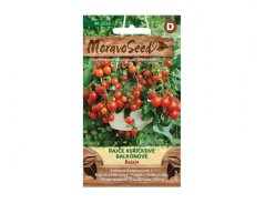 Ambalaj de semințe roșii de tomate cherry de balcon Bajaja MoravaSeeds cu imagine de roșii cherry pe plantă în ghiveci alb pe fundal verde