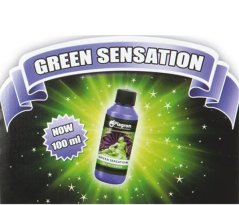 Plagron Green Sensation květový stimulátor v modré lahvičce 100ml na zeleném pozadí s hvězdami a fialovým bannerem s nápisem GREEN SENSATION Plagron Green Sensation květový stimulátor v modré lahvičce 100ml na zeleném pozadí s hvězdami a fialovým bannerem s nápisem GREEN SENSATION