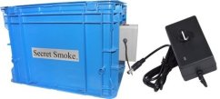 Modrá plastová Secret Box BIG od Secret Smoke s černým napájecím adaptérem pro suchou separaci pylu, kapacita 500g s filtrem 225µm