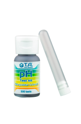 T.A. pH Test kit 30ml - malá skleněná lahvička s barevným štítkem a bílým uzávěrem vedle průhledné zkumavky pro testování pH