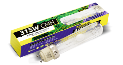 Lámpara Lumatek CMH 315W/3K en tubo de vidrio transparente con rosca blanca, colocada junto a caja amarillo-violeta con inscripción 315W CMH Lámpara Lumatek CMH 315W/3K en tubo de vidrio transparente con rosca blanca, colocada junto a caja amarillo-violeta con inscripción 315W CMH