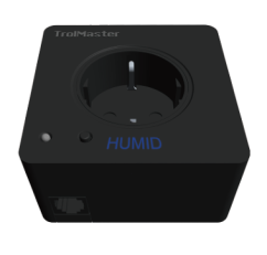 Černá plastová Trolmaster Humidity Device Station s kulatým otvorem, modrým nápisem HUMID a malou LED kontrolkou pro řízení zvlhčovačů