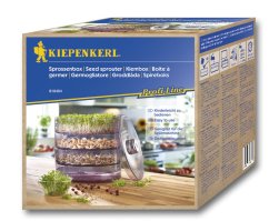 Boîte de plateaux de germination Kiepenkerl Profi-Line avec récipient en plastique transparent contenant des germes, emballage marron avec logo bleu