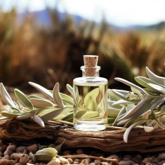Boccetta di vetro con tappo in sughero contenente olio essenziale BIO dorato di salvia bianca, poggiata su legno tra foglie verdi Boccetta di vetro con tappo in sughero contenente olio essenziale BIO dorato di salvia bianca, poggiata su legno tra foglie verdi