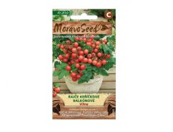 Confezione di semi Morava Seeds pomodoro a cespuglio da balcone Vilma con immagine di pomodorini rossi in vaso beige su sfondo di legno