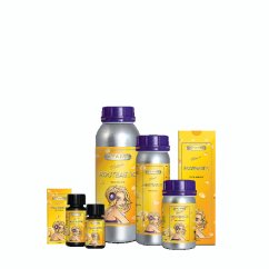 Kolekce produktů Atami ATA Rootbastic v různých velikostech - žluté obaly s fialovými uzávěry, stříbrné lahve a černé malé lahvičky na bílém pozadí