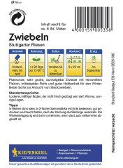 Zadní strana balíčku semen cibule Stuttgarter Riesen s podrobnými pěstebními instrukcemi, tabulkou výsevu a čárovým kódem produktu