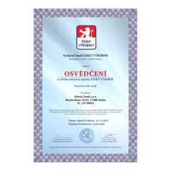 Niebieskie świadectwo certyfikacyjne z logo CZESKI PRODUKT dla firmy Zelená Země s.r.o. do używania znaku towarowego, ważne do 2021 roku